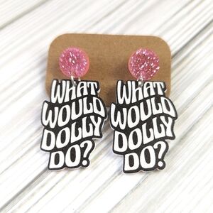 Dolly Parton What Would Dolly Do Charm Earrings Pink Glitter Black & White NWT
